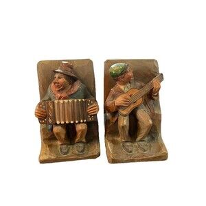 ANRI Wood Carved  6" Bookends Musicians Italy 1850’s
